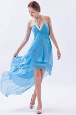 V-Shaped Strapless Asymmetrical High Low Layers Aqua Prom Gown