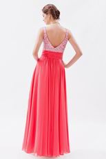 Princess Straps Coral Red Chiffon Prom Dress With Beading