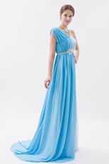 Single Shoulder Aque Blue Half Chiffon Half Lace Sweep Train Evening Dress