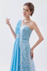 Single Shoulder Aque Blue Half Chiffon Half Lace Sweep Train Evening Dress