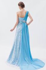 Single Shoulder Aque Blue Half Chiffon Half Lace Sweep Train Evening Dress