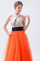 Halter Sequin A-line Orange Red Net Prom Dress In Texas