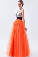 Halter Sequin A-line Orange Red Net Prom Dress In Texas