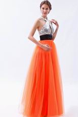 Halter Sequin A-line Orange Red Net Prom Dress In Texas