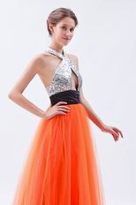 Halter Sequin A-line Orange Red Net Prom Dress In Texas