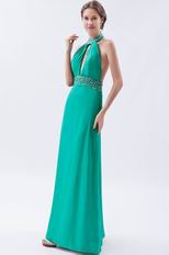 Halter Top Backless Cyan Blue Chiffon Prom Dress With Beading