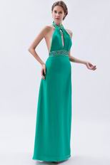 Halter Top Backless Cyan Blue Chiffon Prom Dress With Beading