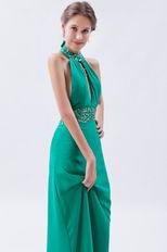 Halter Top Backless Cyan Blue Chiffon Prom Dress With Beading