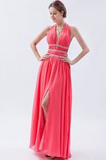 Beautiful Halter Top Watermelon Chiffon Prom Dress With Front Split