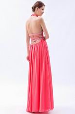 Beautiful Halter Top Watermelon Chiffon Prom Dress With Front Split