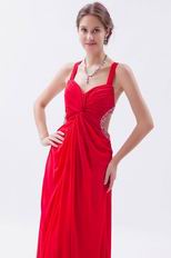 Exquisite Straps Front Split Skirt Scarlet Chiffon Prom Dress On Sale