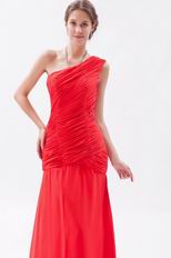 Cheap One Shoulder Ruched Bodice A-line Red Prom Dress Custom Fit