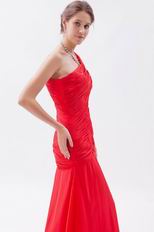 Cheap One Shoulder Ruched Bodice A-line Red Prom Dress Custom Fit