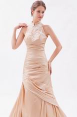 Halter Mermaid Chapel Peach Puff Prom Evening Dress With Appliques