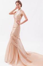 Halter Mermaid Chapel Peach Puff Prom Evening Dress With Appliques