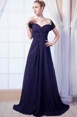 Decent Short Sleeves Navy Blue Chiffon Prom Dress With Beading