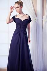 Decent Short Sleeves Navy Blue Chiffon Prom Dress With Beading