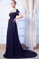 Decent Short Sleeves Navy Blue Chiffon Prom Dress With Beading