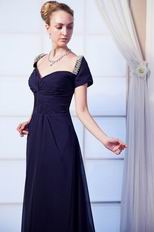 Decent Short Sleeves Navy Blue Chiffon Prom Dress With Beading