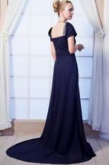 Decent Short Sleeves Navy Blue Chiffon Prom Dress With Beading