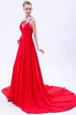 Designer One Shoulder Scarlet Chiffon Prom Dress With Appliques