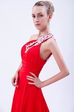 Designer One Shoulder Scarlet Chiffon Prom Dress With Appliques