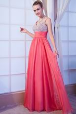 Beaded Spaghetti Straps Watermelon Skirt Prom Evening Dress