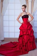 Strapless Lace Bodice Cathedral Train Dark Red Prom Ball Gown