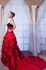 Strapless Lace Bodice Cathedral Train Dark Red Prom Ball Gown