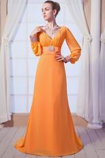 New Style Long Sleeves V-neck Orange Chiffon Prom Dress For Cheap