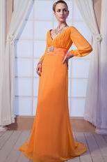 New Style Long Sleeves V-neck Orange Chiffon Prom Dress For Cheap