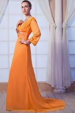 New Style Long Sleeves V-neck Orange Chiffon Prom Dress For Cheap