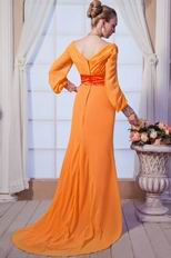 New Style Long Sleeves V-neck Orange Chiffon Prom Dress For Cheap