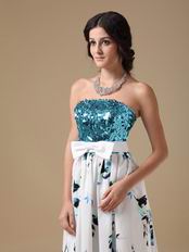 Sequin Bodice Printed Fabric Pretty Prom Dress With Bowknot