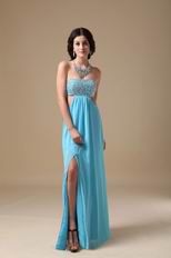 Beaded Exposed Aqua Chiffon Prom Dress With Show Leg Split