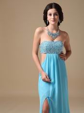 Beaded Exposed Aqua Chiffon Prom Dress With Show Leg Split