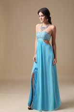 Beaded Exposed Aqua Chiffon Prom Dress With Show Leg Split