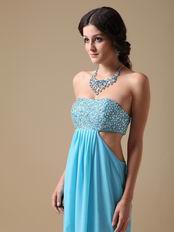 Beaded Exposed Aqua Chiffon Prom Dress With Show Leg Split