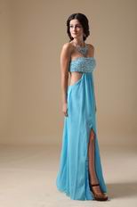 Beaded Exposed Aqua Chiffon Prom Dress With Show Leg Split