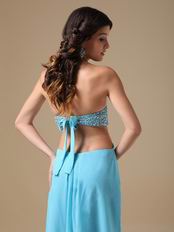 Beaded Exposed Aqua Chiffon Prom Dress With Show Leg Split