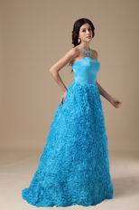 Strapless Rolled Fabric Flower Dodger Blue Prom Dress Cheap
