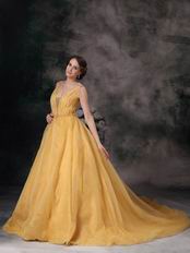 Modest V-neck Dark Yellow Organza Puffy Quinceanera Ball Gown