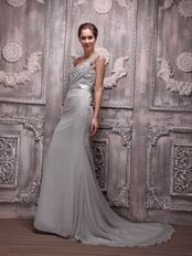 V-neck Gray Chiffon Cheap Prom Evening Dress With Court Train