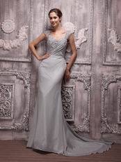 V-neck Gray Chiffon Cheap Prom Evening Dress With Court Train