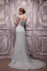 V-neck Gray Chiffon Cheap Prom Evening Dress With Court Train