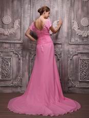 V-neck Rose Pink Handmade Chiffon Dress For Evening Party