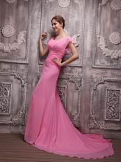 V-neck Rose Pink Handmade Chiffon Dress For Evening Party