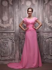 V-neck Rose Pink Handmade Chiffon Dress For Evening Party