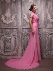 V-neck Rose Pink Handmade Chiffon Dress For Evening Party