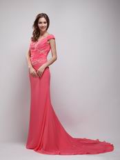 Off Shoulder Coral Red V-neck Dresses For Evening Wear